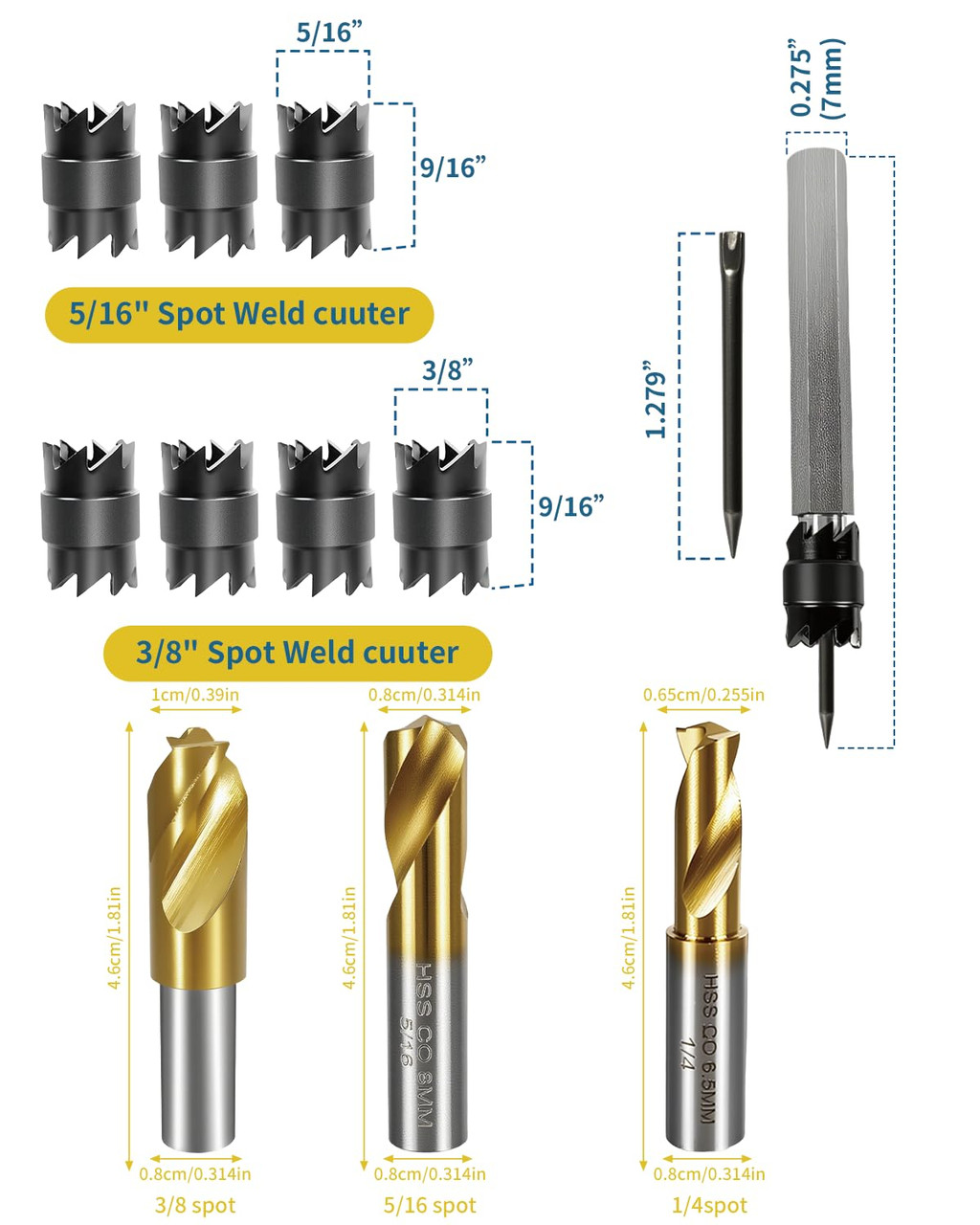 Spot Weld Cutter Sets Double Sided, 13 Pcs 3/8" and 5/16" HSS Spot Weld Cutter Remover Drill Bits with Hex Shank, Titanium Coated Cobalt Spot Weld Drill Bit Set Kit 6.5MM 8MM 10MM