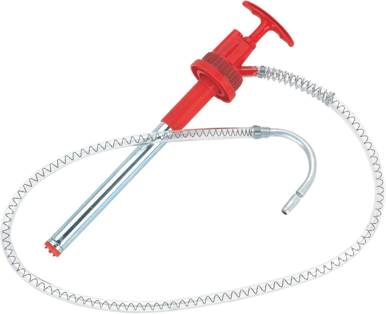 Red Plastic Bucket Pump with Flex Hose and Non-Drip Nozzle. 5-6.5 Gallon (20-25 L) Capacity. Self-Priming, Push-Down Action Pump. Discharge Capacity: 3 Fluid Ounces per Stroke.