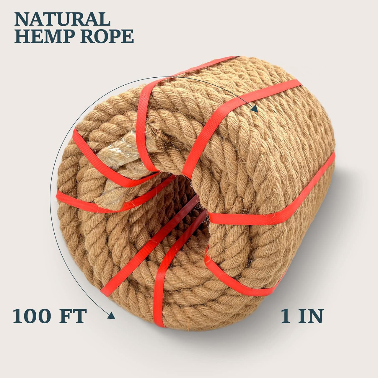 Natural Hemp Rope, 1 In X 100 Ft, Brown, Ideal for Crafts, Porch Swing, Decor, Railing, Docks, Landscaping