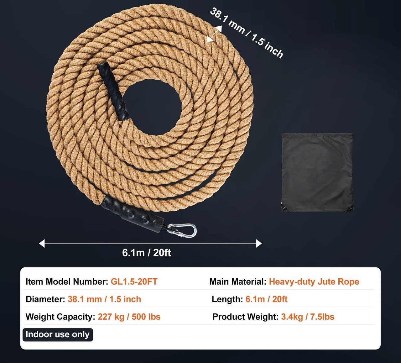 Gym Climbing Rope, 1.5" Diameter 20 ft Length Gym Fitness Training Rope, Gym Exercise Workout Rope for Adults, Climbing Rope for Fitness and Strength Training, Climbing Exercise, Home Workout