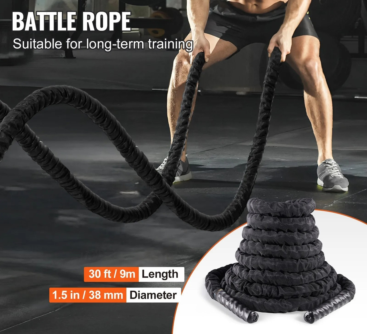 Battle Rope, 1.5 Inch Diameter 30Ft Length Polyester Exercise Rope, Battle Exercise Equipment with Protective Sleeve & Anchor, Heavy Weighted Rope for Home Gym Workout Core Strength Training