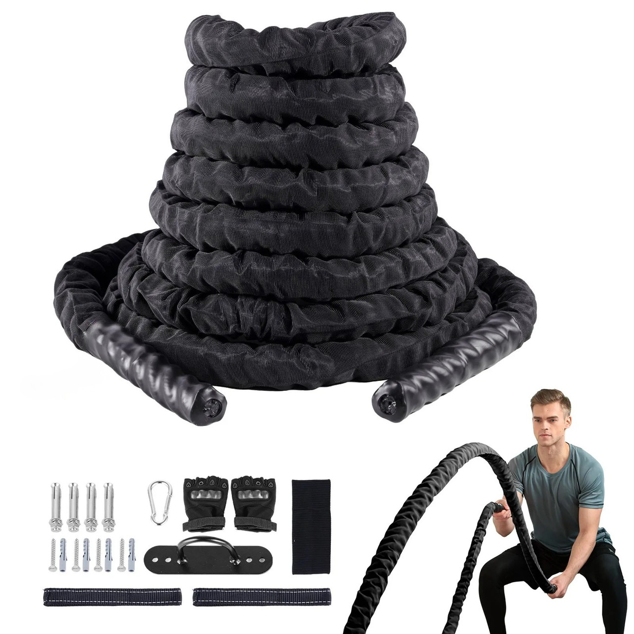 Battle Rope, 1.5 Inch Diameter 30Ft Length Polyester Exercise Rope, Battle Exercise Equipment with Protective Sleeve & Anchor, Heavy Weighted Rope for Home Gym Workout Core Strength Training