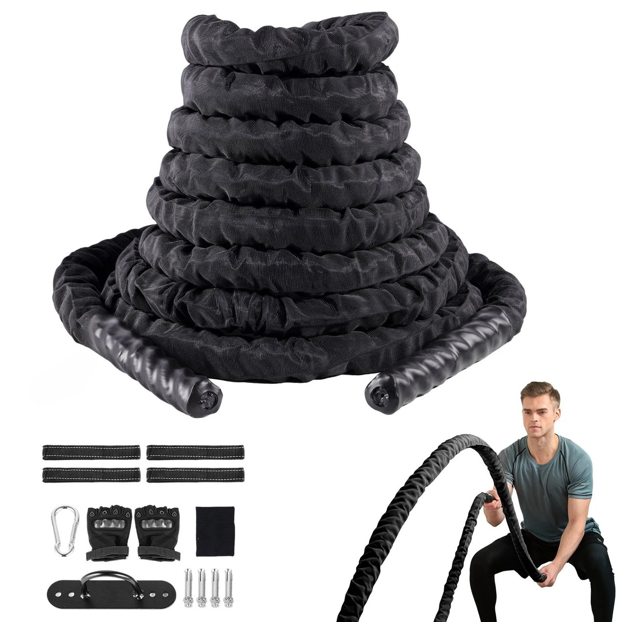 Battle Rope, 1.5 Inch Diameter 40Ft Length Polyester Exercise Rope, Battle Exercise Equipment with Protective Sleeve & Anchor, Heavy Weighted Rope for Home Gym Workout Core Strength Training