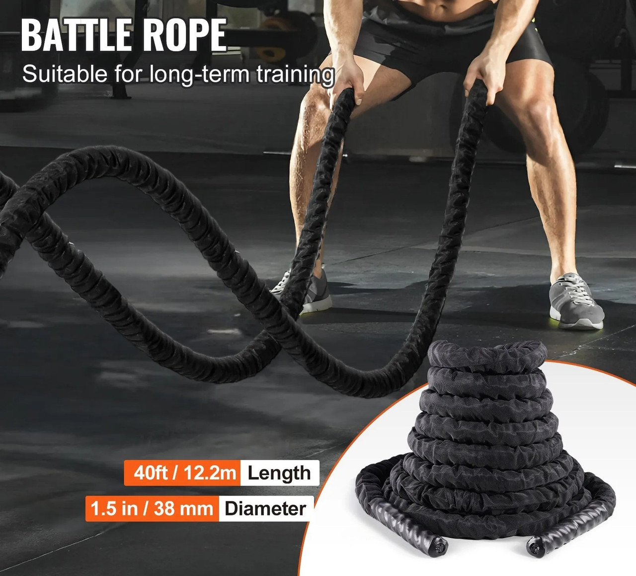 Battle Rope, 1.5 Inch Diameter 40Ft Length Polyester Exercise Rope, Battle Exercise Equipment with Protective Sleeve & Anchor, Heavy Weighted Rope for Home Gym Workout Core Strength Training