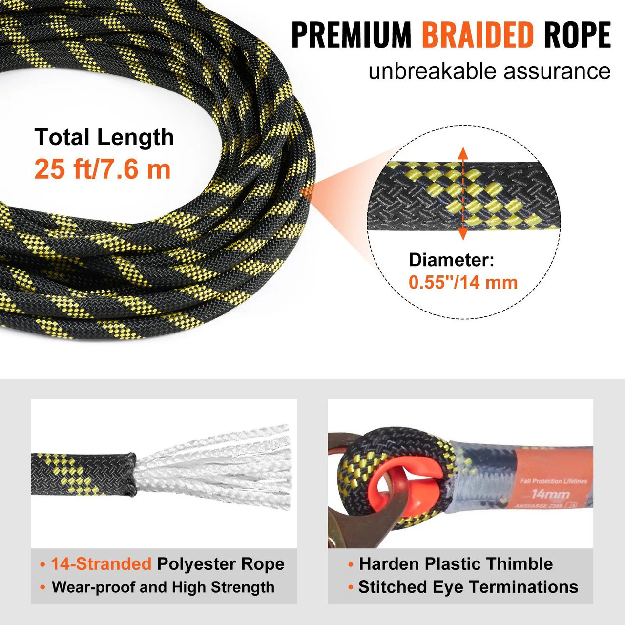 Vertical Lifeline Assembly, 0.55'' x 25' Fall Protection Rope with 30 KN Breaking Tension, Polyester Roofing Rope with Steel Snap Hooks, Rope Grab, and Shock Absorber, ANSI Compliant