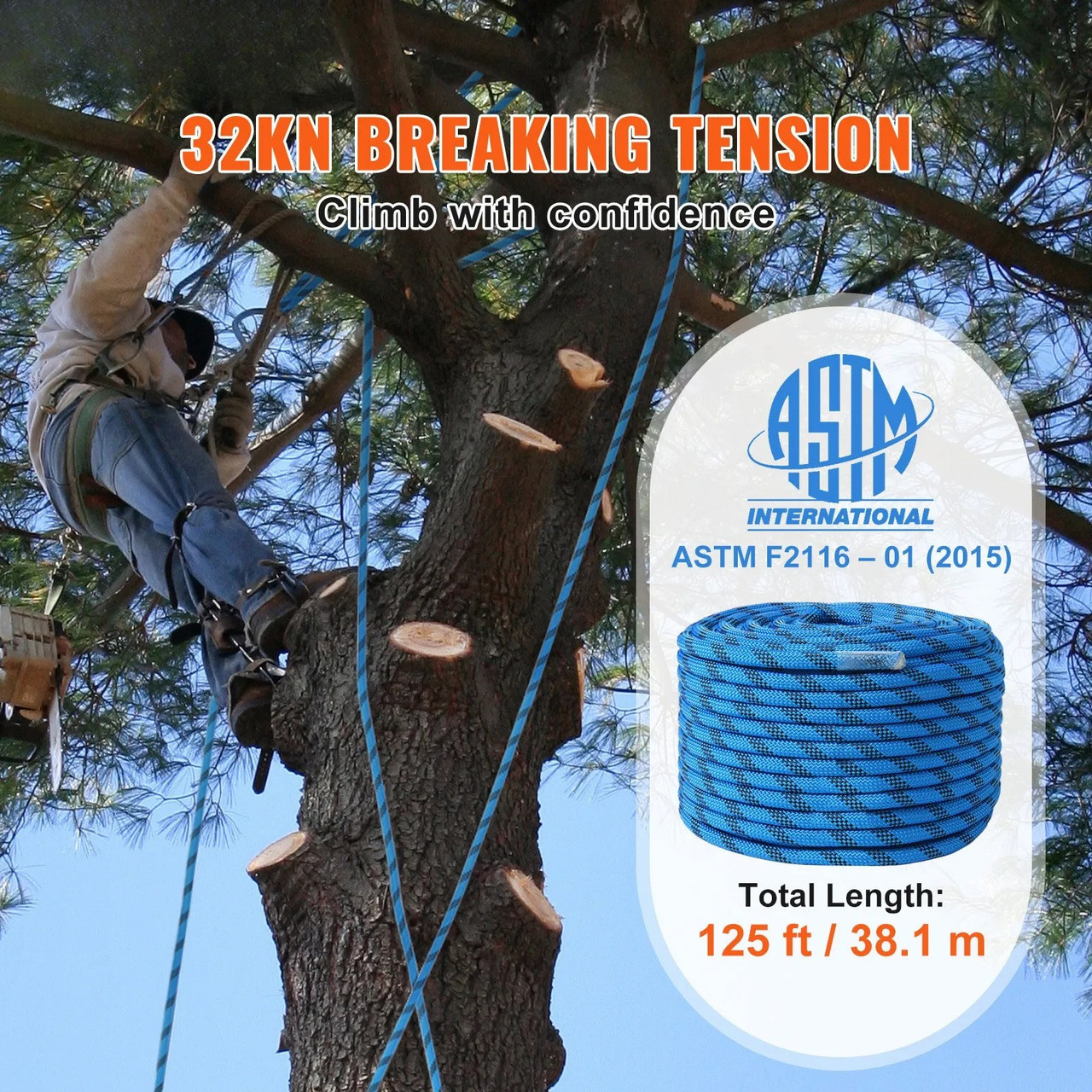 12.7mm Static Climbing Rope, 38M(125ft) Outdoor Rock Climbing Rope 30KN Breaking Tension, Fiber Rope with Steel Snap Hooks for Escape, Rappelling, Fire Rescue, Blue