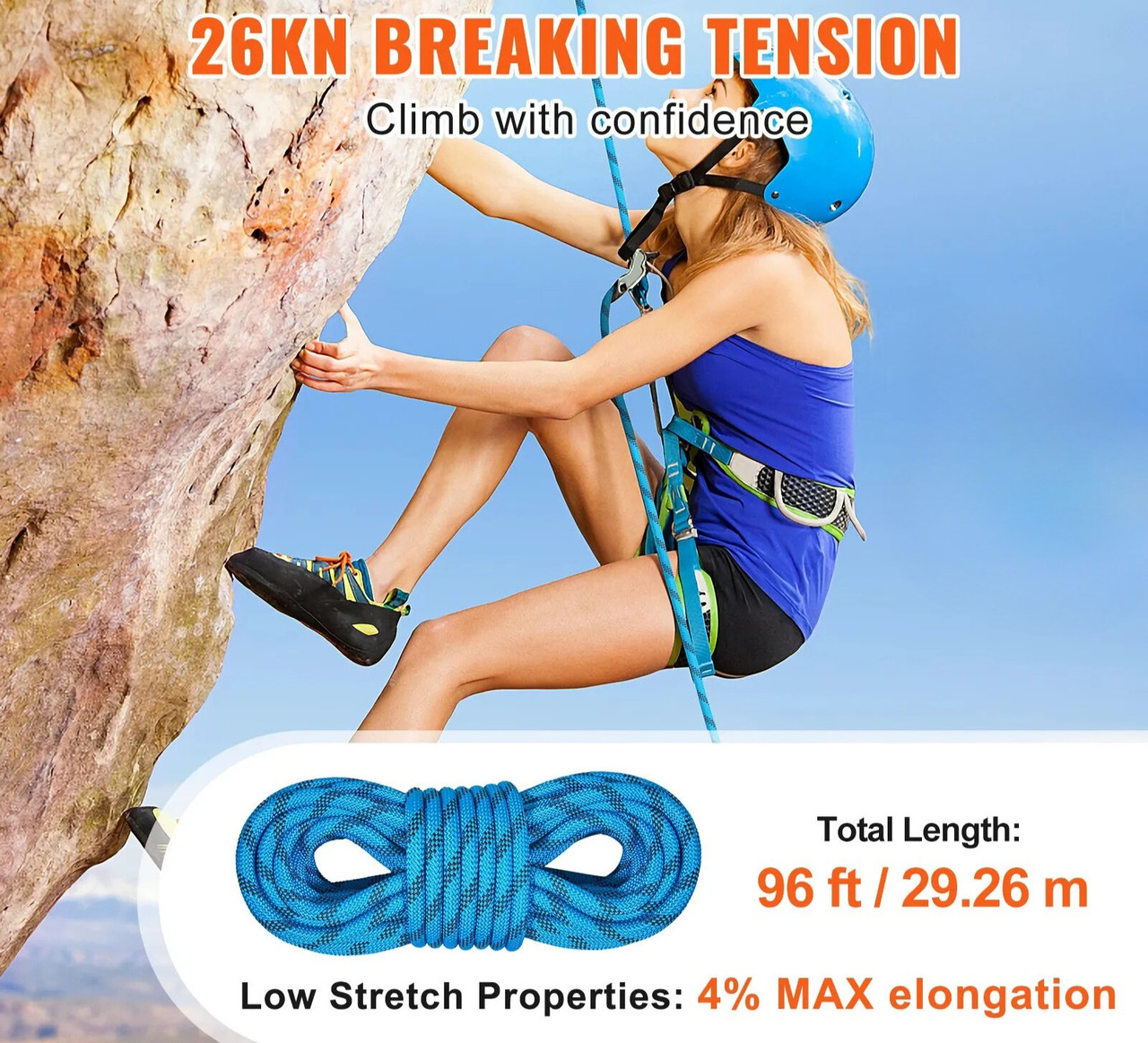10.5 mm Static Climbing Rope, 29.3M(96ft) Outdoor Rock Climbing Rope 25KN Breaking Tension, Fiber Rope with Steel Snap Hooks for Escape, Rappelling, Fire Rescue, Blue