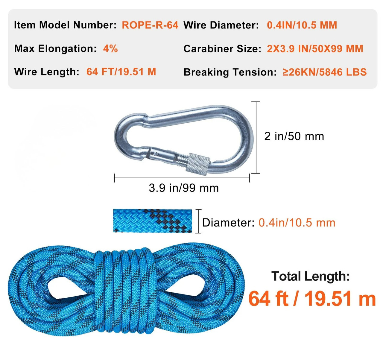 10.5 mm Static Climbing Rope, 19.5M(64ft) Outdoor Rock Climbing Rope 25KN Breaking Tension, Fiber Rope with Steel Snap Hooks for Escape, Rappelling, Fire Rescue, Blue