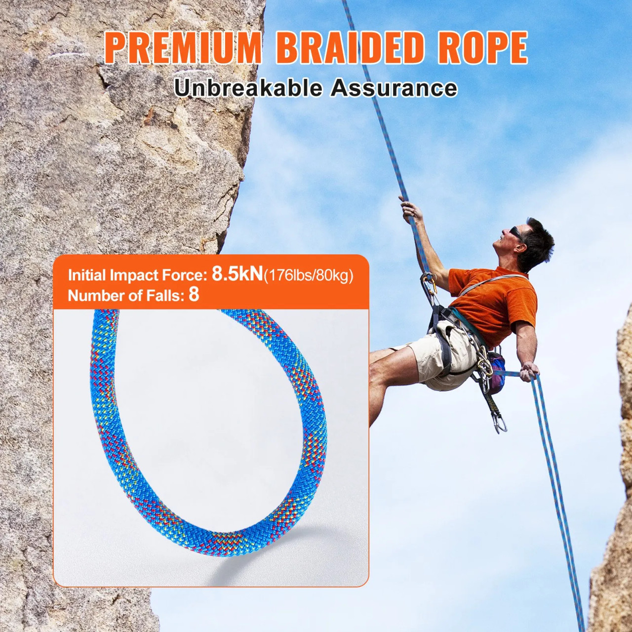 10.2mm Dynamic Climbing Rope, 40M(131ft) Outdoor Rock Climbing Rope 25KN Breaking Tension, Stretchable Fiber Rope with Steel Snap Hooks for Escape, Rappelling, Fire Rescue, Blue
