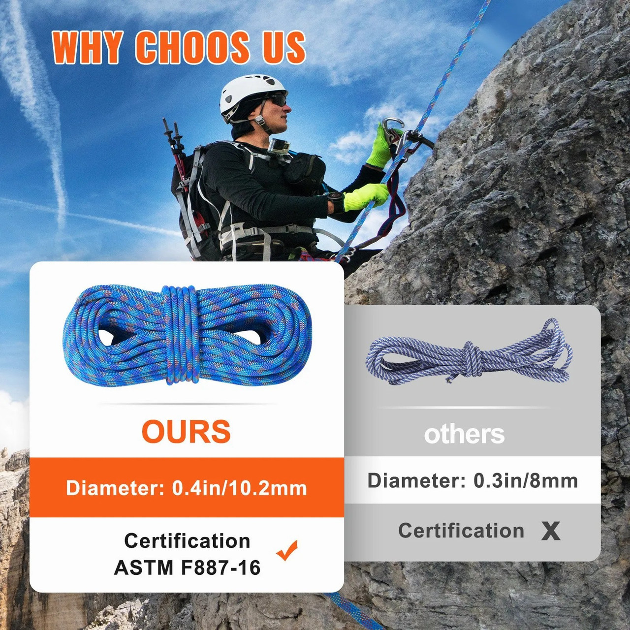 10.2mm Dynamic Climbing Rope, 50M(164ft) Outdoor Rock Climbing Rope 25KN Breaking Tension, Stretchable Fiber Rope with Steel Snap Hooks for Escape, Rappelling, Fire Rescue, Blue