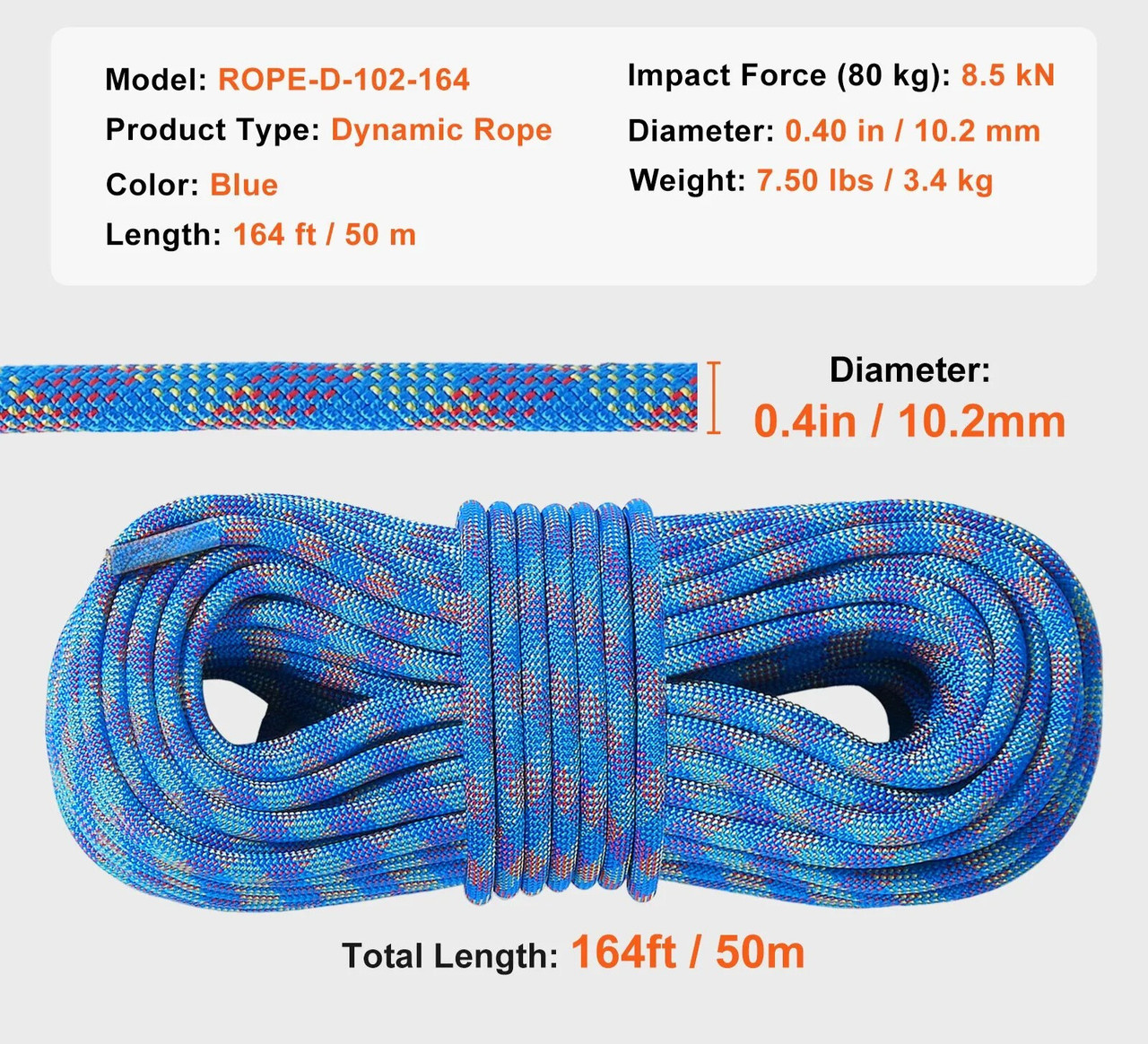 10.2mm Dynamic Climbing Rope, 50M(164ft) Outdoor Rock Climbing Rope 25KN Breaking Tension, Stretchable Fiber Rope with Steel Snap Hooks for Escape, Rappelling, Fire Rescue, Blue
