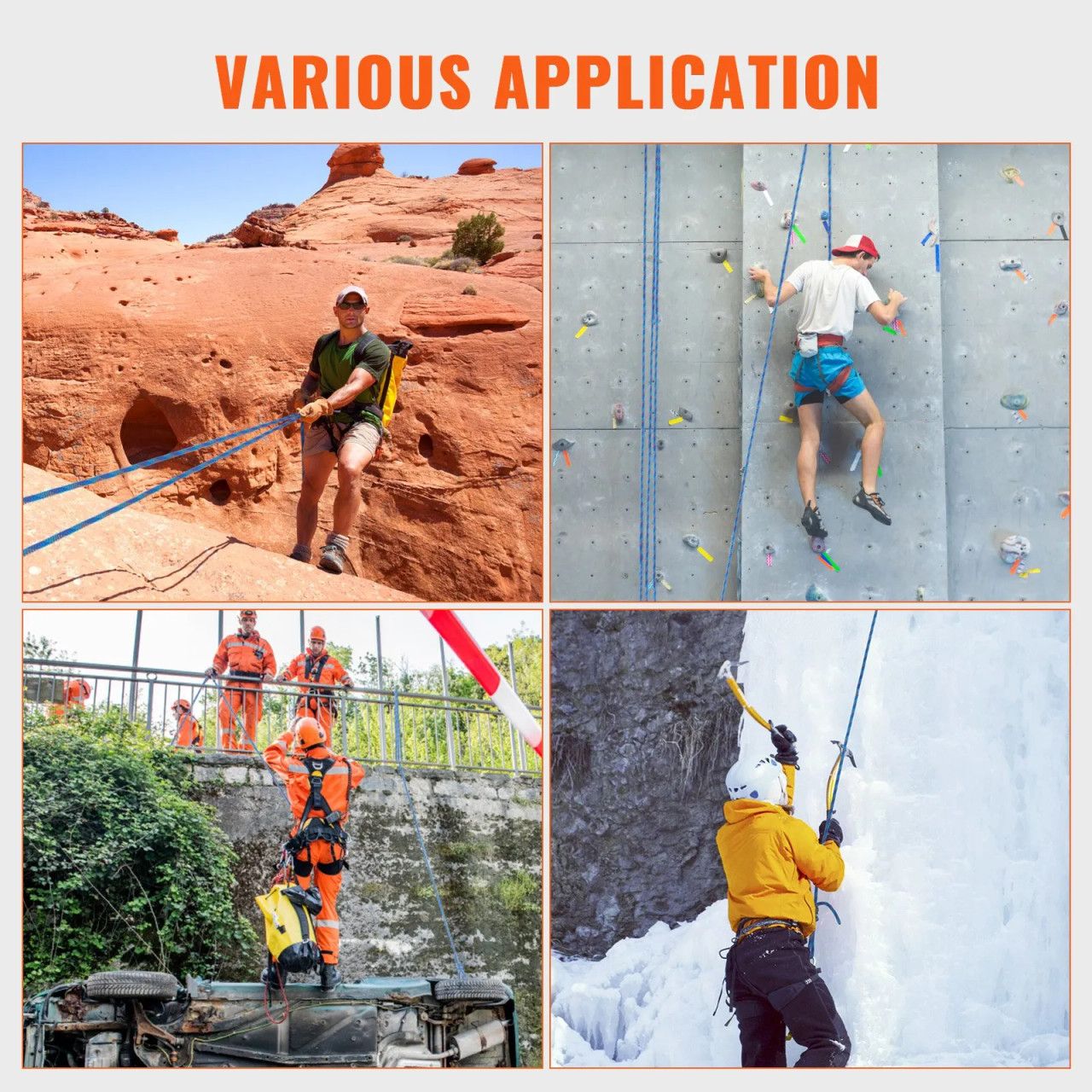 10.2mm Dynamic Climbing Rope, 60M(197ft) Outdoor Rock Climbing Rope 25KN Breaking Tension, Stretchable Fiber Rope with Steel Snap Hooks for Escape, Rappelling, Fire Rescue, Blue