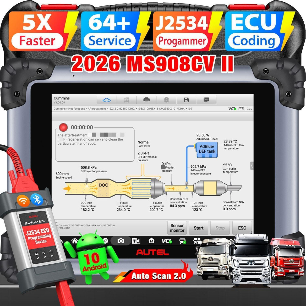 Autel MaxiSys MS908CV II Top CV Scanner, 2026 V2.0 of MS908CV Heavy Duty Truck Diagnostic Tool with J2534, Lite of MS909CV, Bidirectional 3000+ Test, 64 Services, Auto Scan 2.0 10 OS 4/128GB