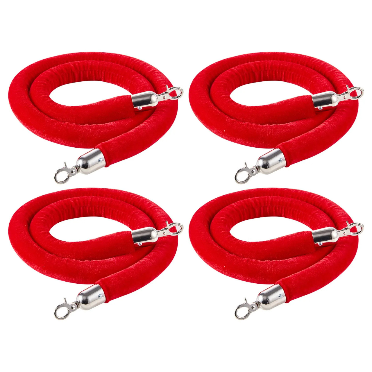 4 Pcs Red Velvet Stanchion Ropes, 5 ft Crowd Control Stanchion Red Velvet Ropes with Silver Hooks, Post Queue Barrier Carpet Rope for Carpet Events Movie Theaters Grand Openings Hotels Party