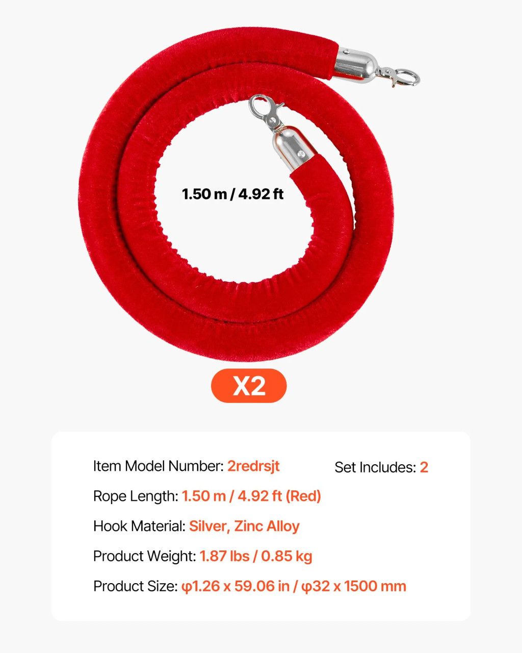 2 Pcs Red Velvet Stanchion Ropes, 5 ft Crowd Control Stanchion Red Velvet Ropes with Silver Hooks, Post Queue Barrier Carpet Rope for Carpet Events Movie Theaters Grand Openings Hotels Party