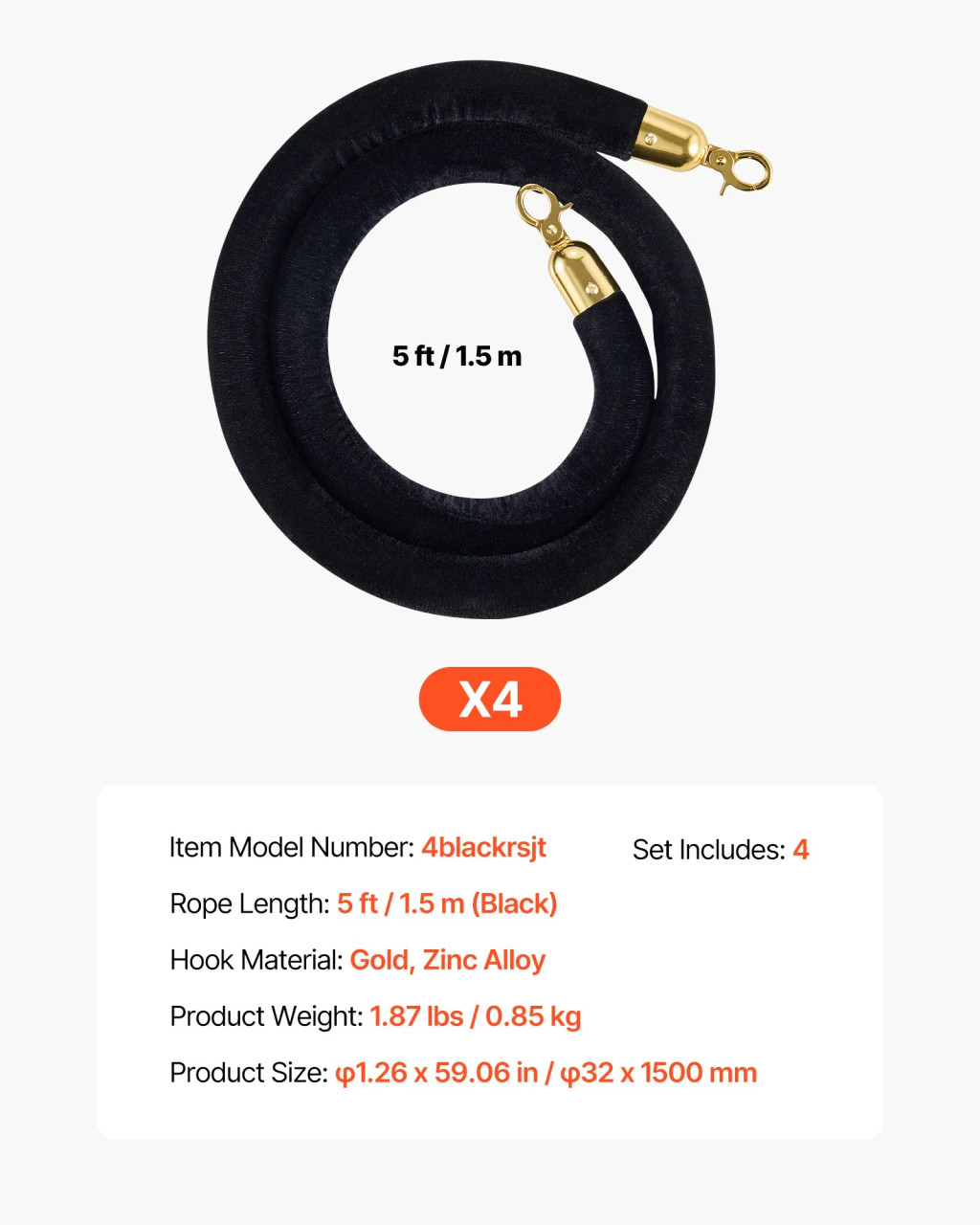 4 Pcs Black Velvet Stanchion Ropes, 5 ft Crowd Control Stanchion Black Velvet Ropes with Gold Hooks, Post Queue Barrier Carpet Rope for Carpet Events Movie Theaters Grand Openings Hotels Party