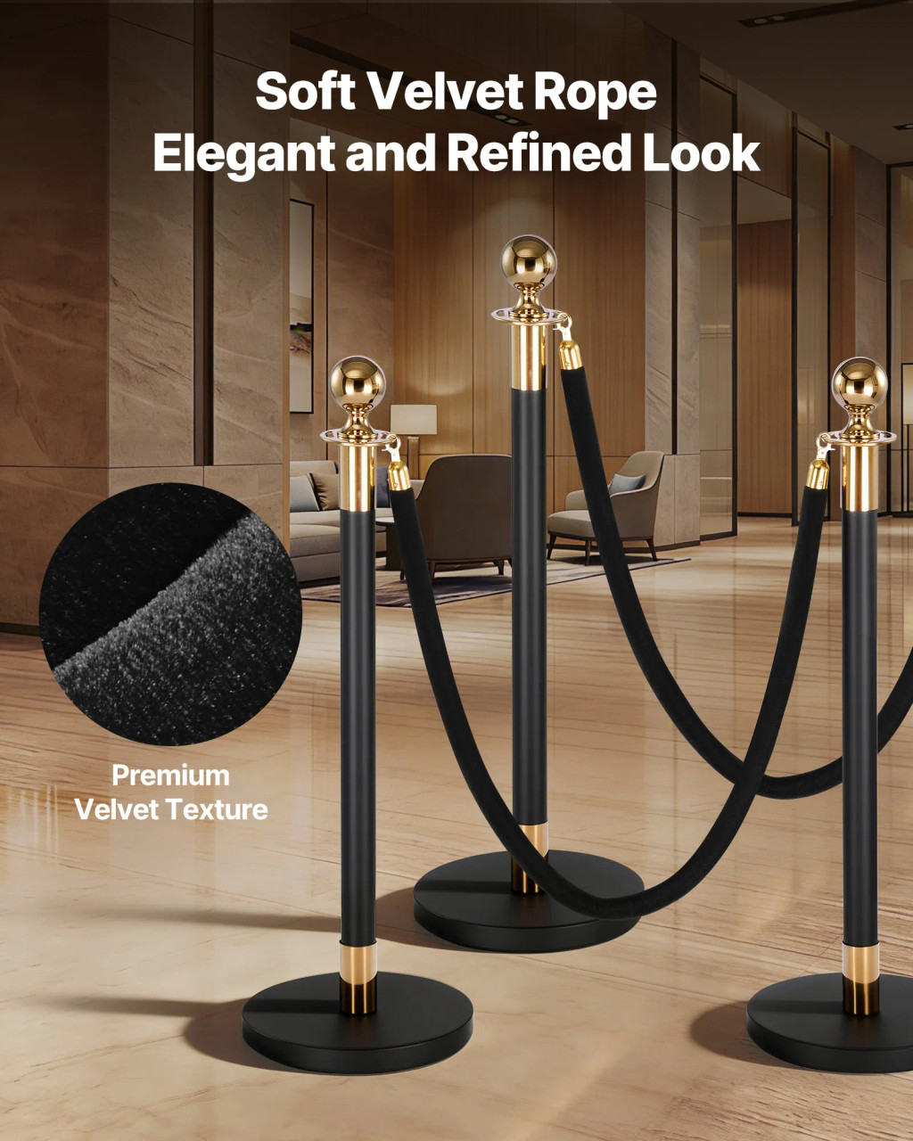 4 Pcs Black Velvet Stanchion Ropes, 5 ft Crowd Control Stanchion Black Velvet Ropes with Gold Hooks, Post Queue Barrier Carpet Rope for Carpet Events Movie Theaters Grand Openings Hotels Party