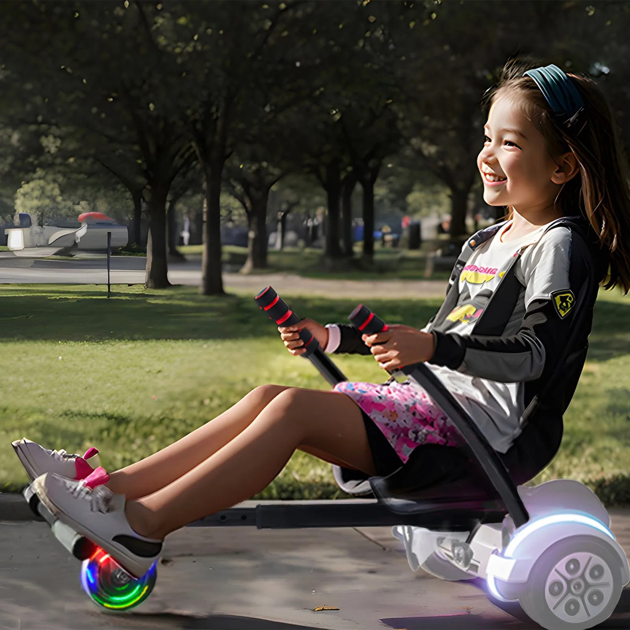 Hoverboard Seat Attachment, for 6.5" 8" 8.5" 10" Hoverboards, with LED Lights, Grips Control, Adjustable Frame Length and 220 LBS Load Capacity, Hover Board Go Karts Accessory, for Kids Adults