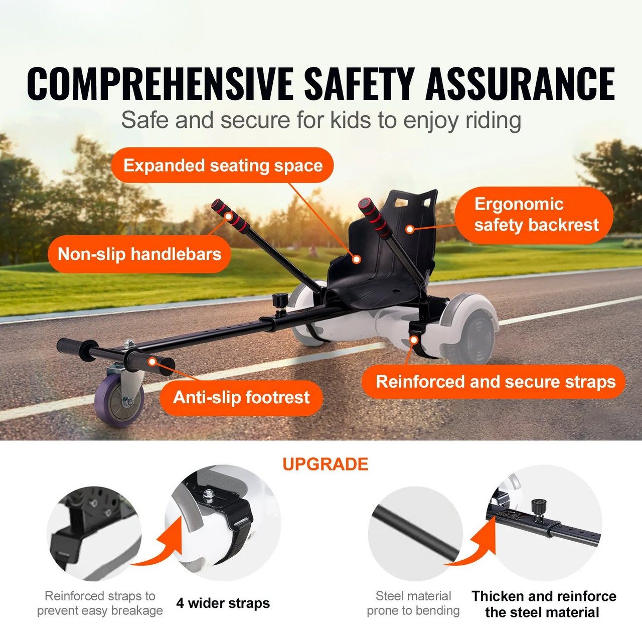 Hoverboard Seat Attachment, Compatible with All 6.5" 8" 8.5" 10" Hoverboards, Grips Control, Adjustable Frame Length and 220 LBS Load Capacity, Hover Board Go Karts Accessory, for Kids Adults