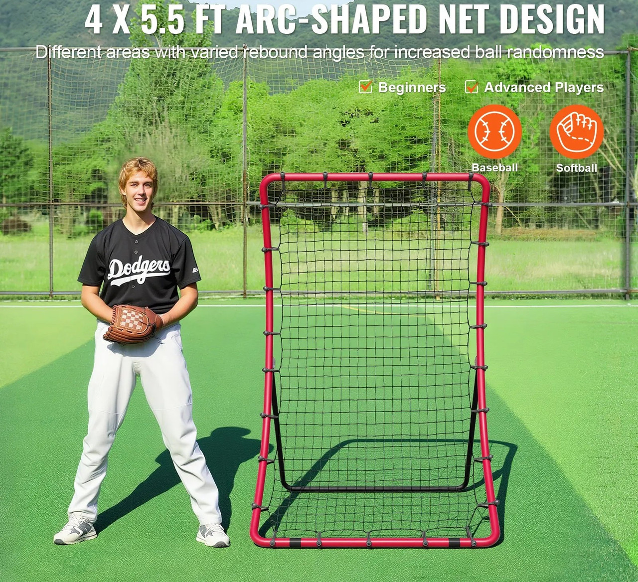 Baseball And Softball Rebounder Net, 4 x 5.5 ft PitchBack Baseball Pitching Nest, Pitch Return Trainer Rebound Net with Pitching Target, All Angle Fielding Rebound Net for Grounders Pop Flies