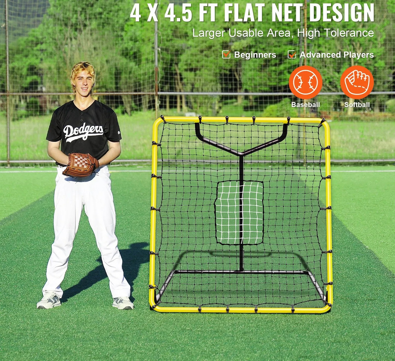 Baseball And Softball Rebounder Net, 4 x 4.5 Feet PitchBack Baseball Nest for Pitching and Fielding Training, Pitch Return Trainer Rebound Net with Pitching Target, 4 Adjustable Angles