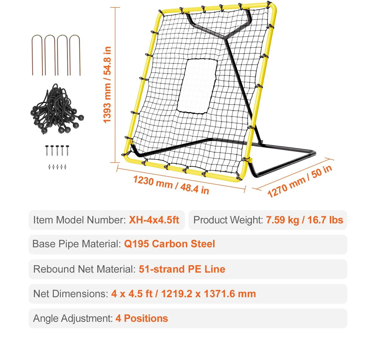 Baseball And Softball Rebounder Net, 4 x 4.5 Feet PitchBack Baseball Nest for Pitching and Fielding Training, Pitch Return Trainer Rebound Net with Pitching Target, 4 Adjustable Angles