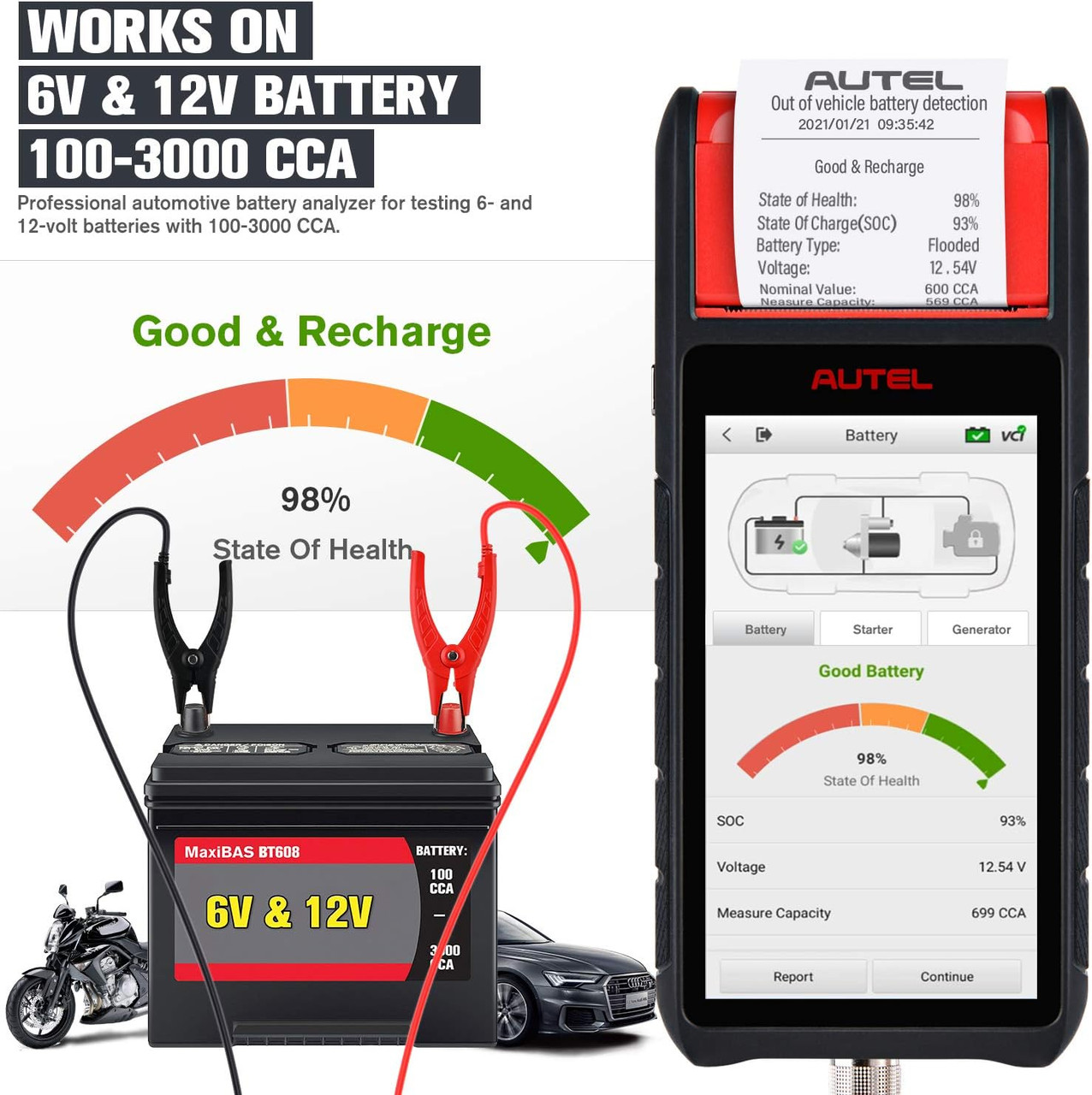 Autel Battery Tester MaxiBAS BT608 (E), Up of BT508 BT506 Fit 6-12V 100-3000CCA Automotive Battery, Cranking Charging Test Tool w/Printer, Adaptive Conductance, All System Diagnostic as MK808S MX808S
