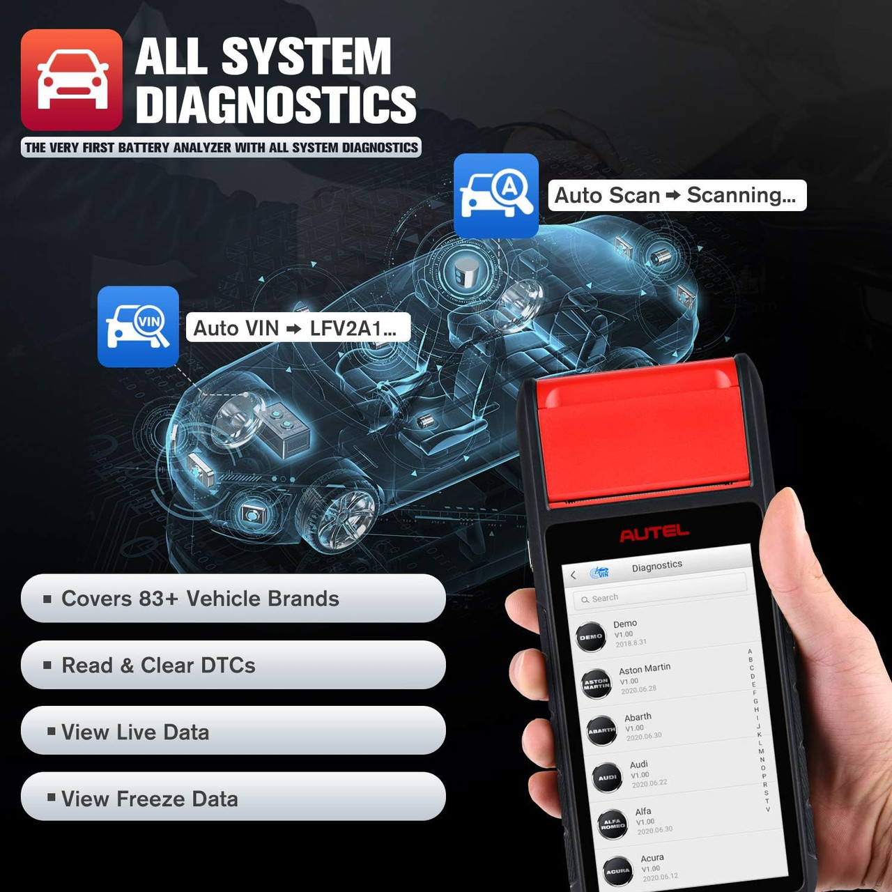 Autel Battery Tester MaxiBAS BT608 (E), Up of BT508 BT506 Fit 6-12V 100-3000CCA Automotive Battery, Cranking Charging Test Tool w/Printer, Adaptive Conductance, All System Diagnostic as MK808S MX808S