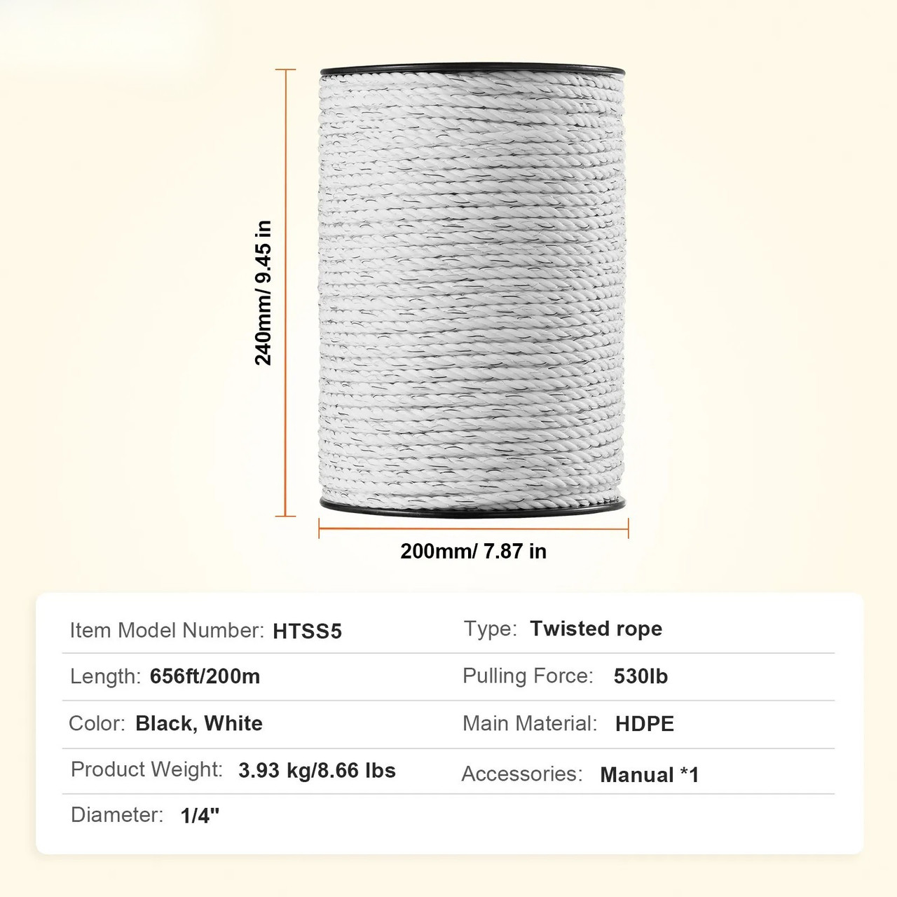Electric Fence Wire, 656Ft 200M Portable Polywire, 1/4" Diameter 6 Stainless Steel Strands for Reliable Conductivity and UV, Rust Resistance, Fencing Rope Line for Horse, Cattle, Livestock