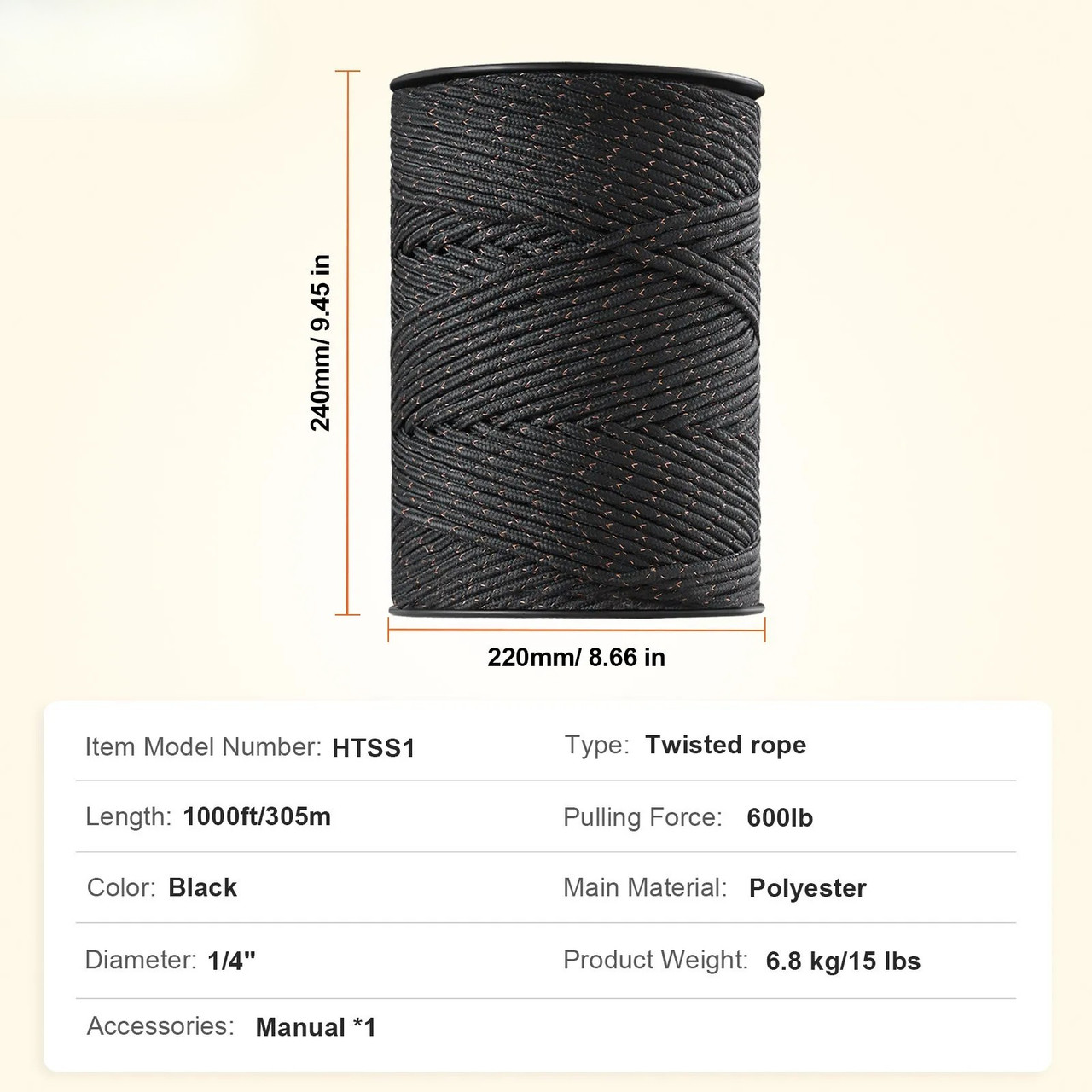 Electric Fence Wire, 1000Ft 305M Portable Polywire, 1/4" Diameter 2 Copper Strands for Reliable Conductivity and Rust Resistance, Fencing Rope Line for Horse, Cattle, Livestock