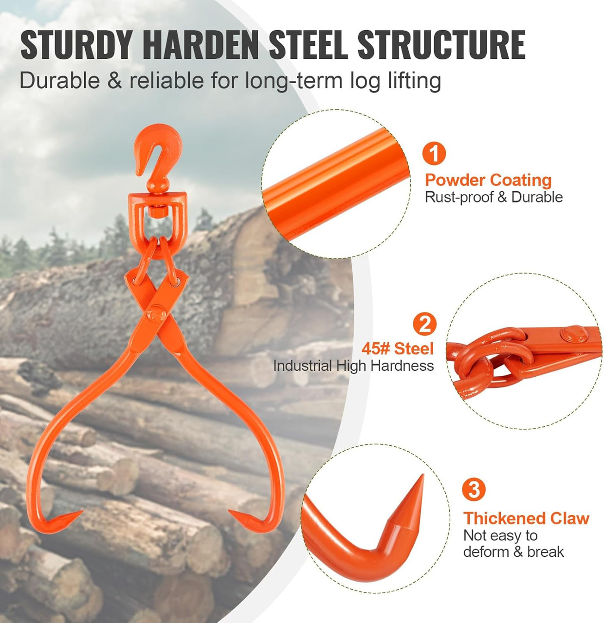 Log Skidding Tongs, 18 inch 2 Claw Log Lifting Tongs, Heavy Duty Rotating Steel Lumber Skidding Tongs, 772 lbs/350 kg Loading Capacity, Log Lifting, Handling, Dragging & Carrying Tool