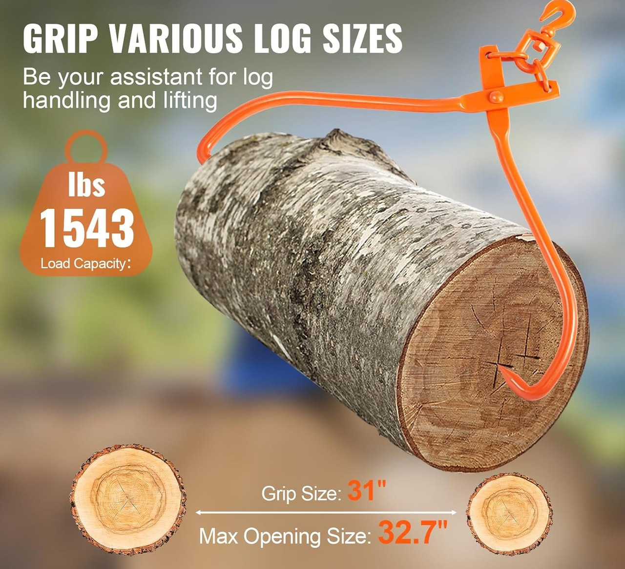 Heavy Duty Rotating Steel Lumber Skidding Tongs, 32 inch 2 Claw Log Lifting Tongs, 1543 lbs/700 kg Loading Capacity