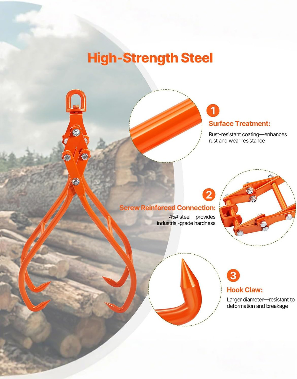 Timber Claw Hook, 28 inch 4 Claw Log Grapple Logging Tongs, Swivel Steel Log Lifting Tongs 31" Max Opening, Eagle Claws with 2205LBS/1000kg Loading Capacity for Tractors, ATVs, Trucks, Fork lifts