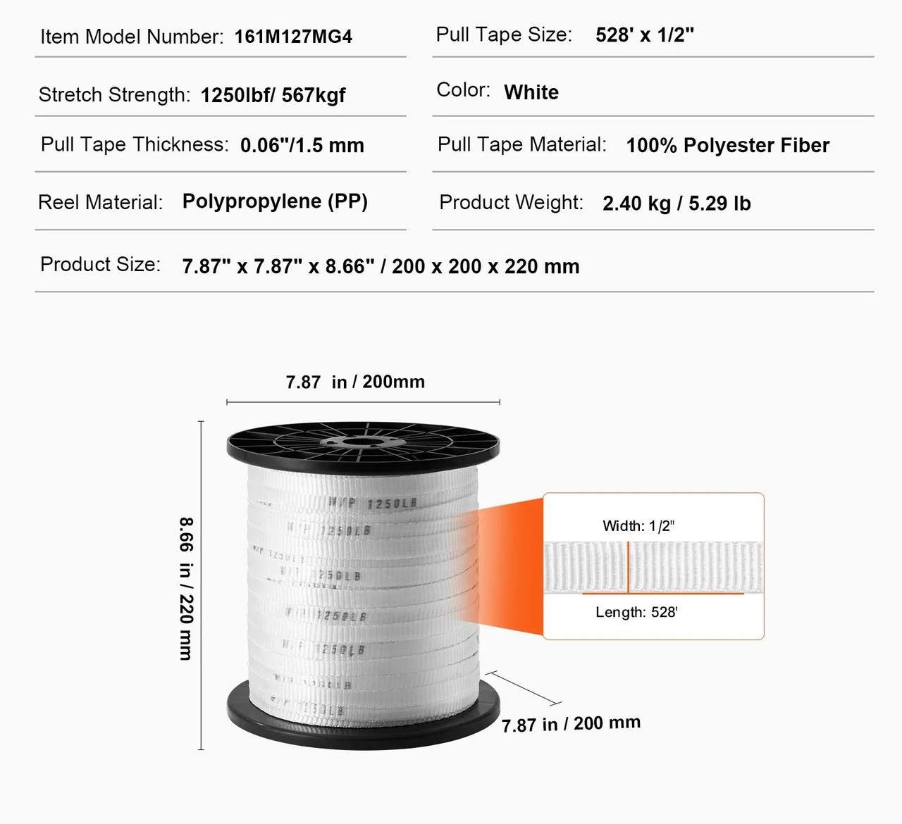 Polyester Pull Tape, 1/2" x 528' Mule Tape Flat Rope, 1250 lbf Tensile Capacity, Printed Webbing Cable Pulling Tape for Packaging, Gardening, Commercial Electrical, Conduit Work, White