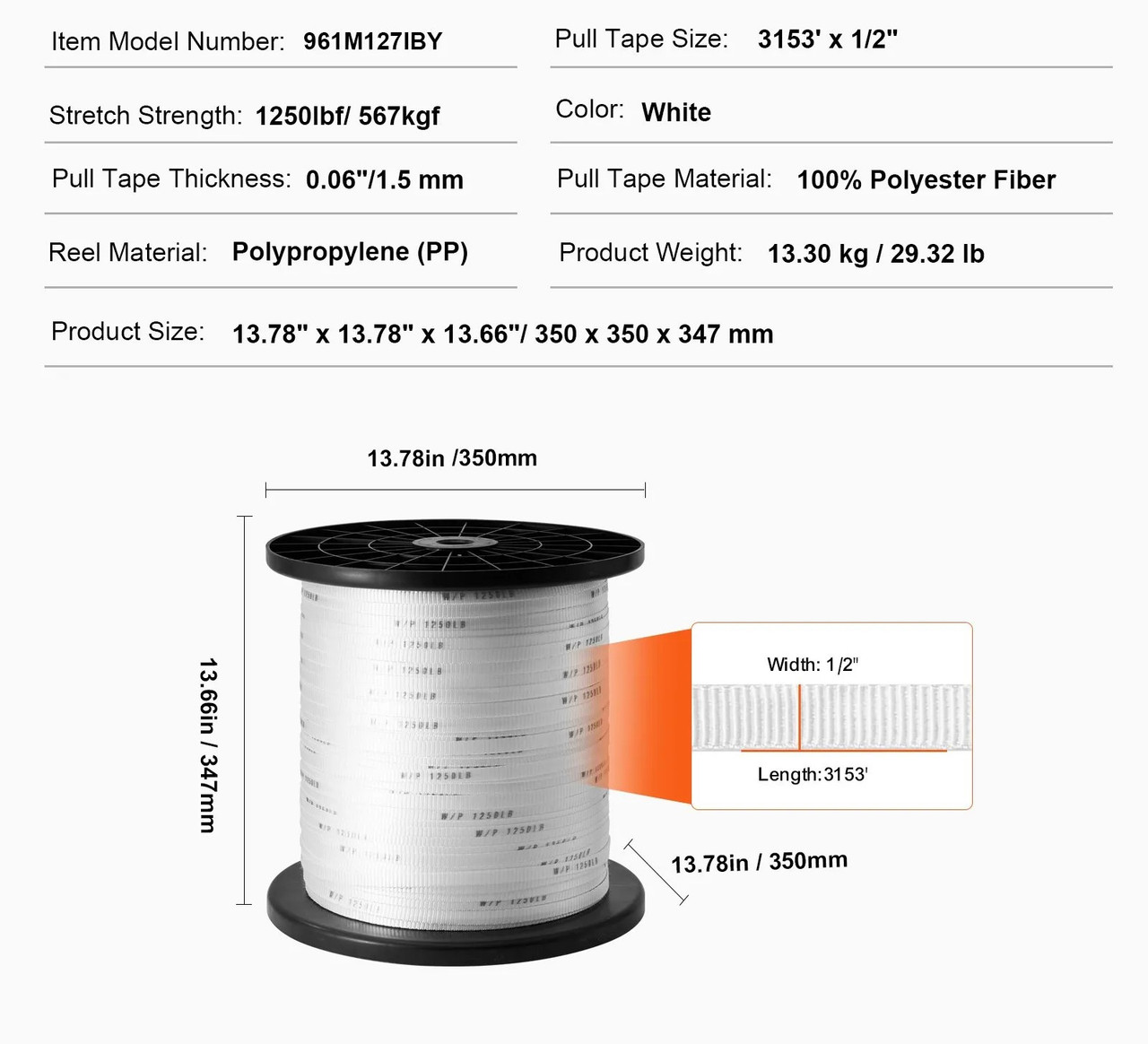 Polyester Pull Tape, 1/2" x 3153' Mule Tape Flat Rope, 1250 lbf Tensile Capacity, Printed Webbing Cable Pulling Tape for Packaging, Gardening, Commercial Electrical, Conduit Work, White