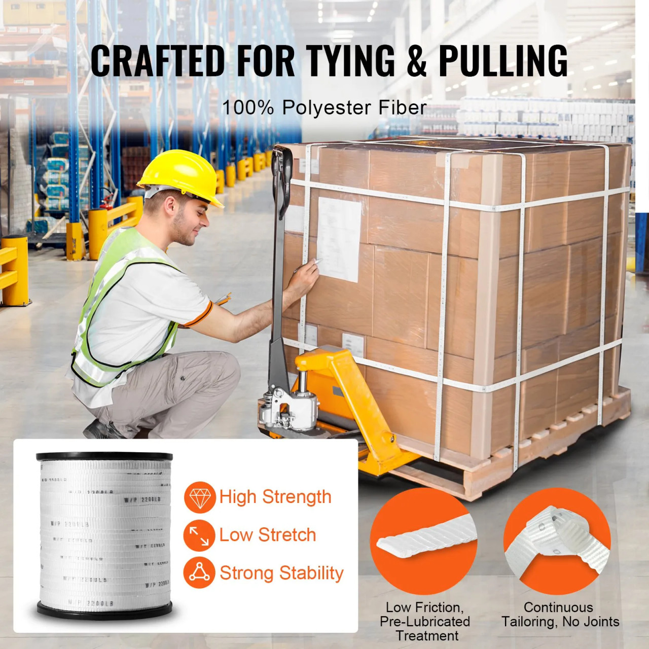 Polyester Pull Tape, 5/8" x 630' Mule Tape Flat Rope, 2200 lbf Tensile Capacity, Printed Webbing Cable Pulling Tape for Packaging, Gardening, Commercial Electrical, Conduit Work, White