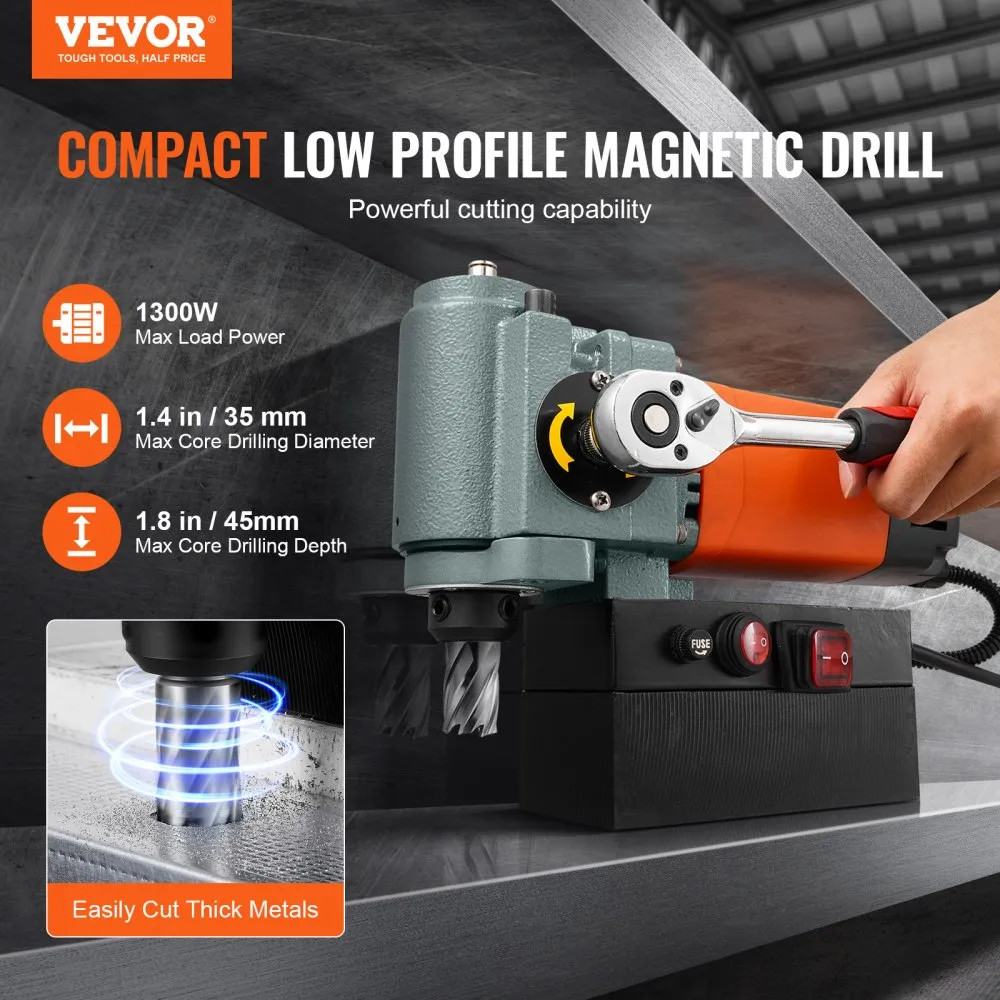 VEVOR Magnetic Drill Press – 1300W Low Profile Mag Drill, Portable Drilling Machine with Cooling Device & Overload Protection, Industrial Equipment Installation Tool