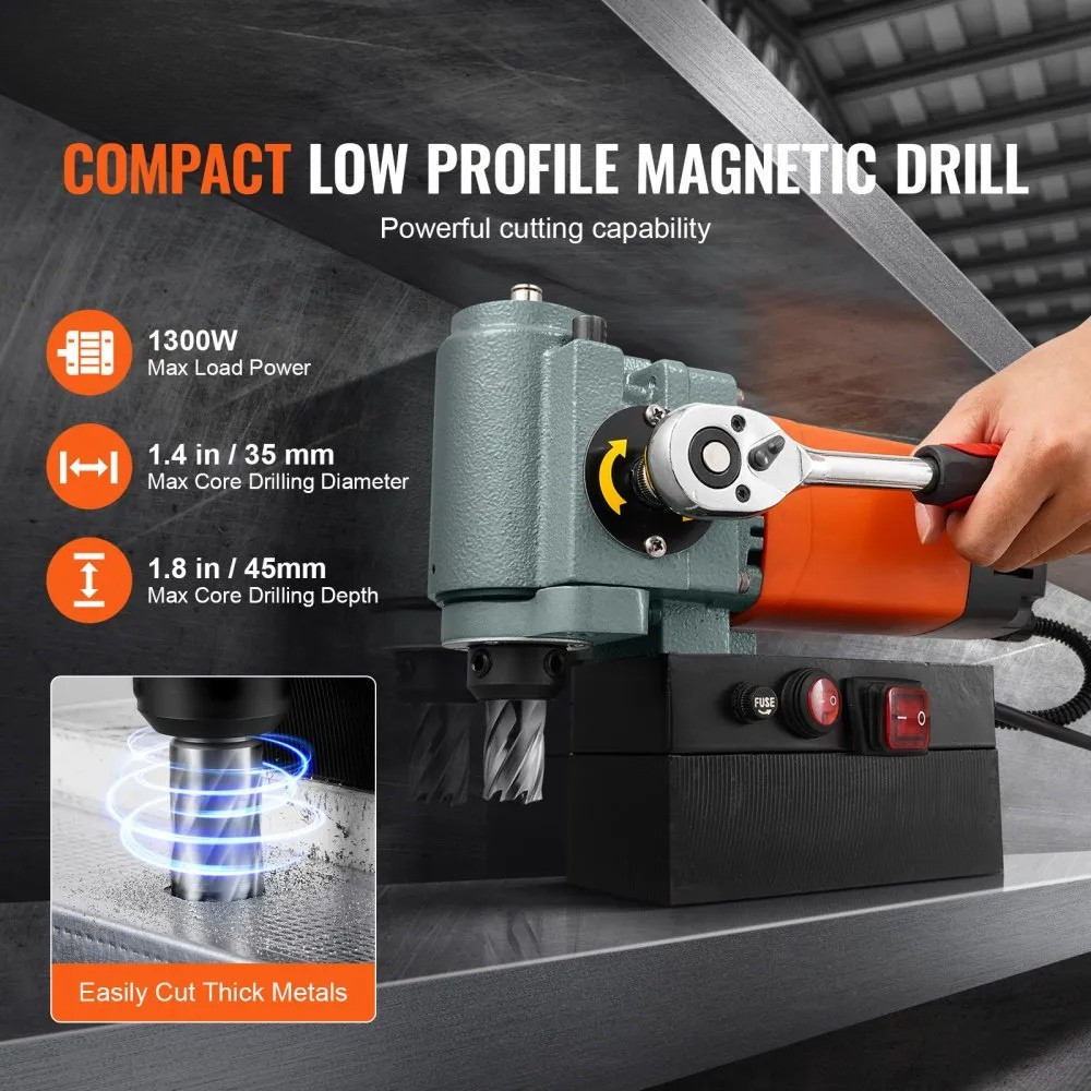 Magnetic Drill Press - 1300W Low Profile Mag Drill, Portable Drilling Machine with Cooling Device & Overload Protection, Industrial Equipment Installation Tool