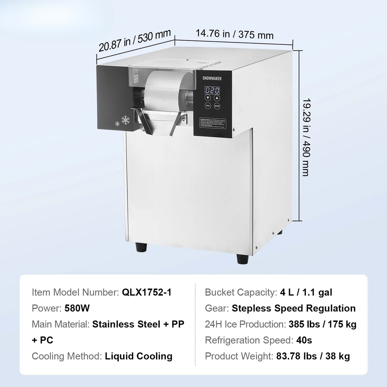 Commercial Snowflake Ice Machine – 385 lbs/24h Output, Stainless Steel Ice Shaver, Electric Snow Cone Maker with Liquid Cooling System, Touch Control Panel