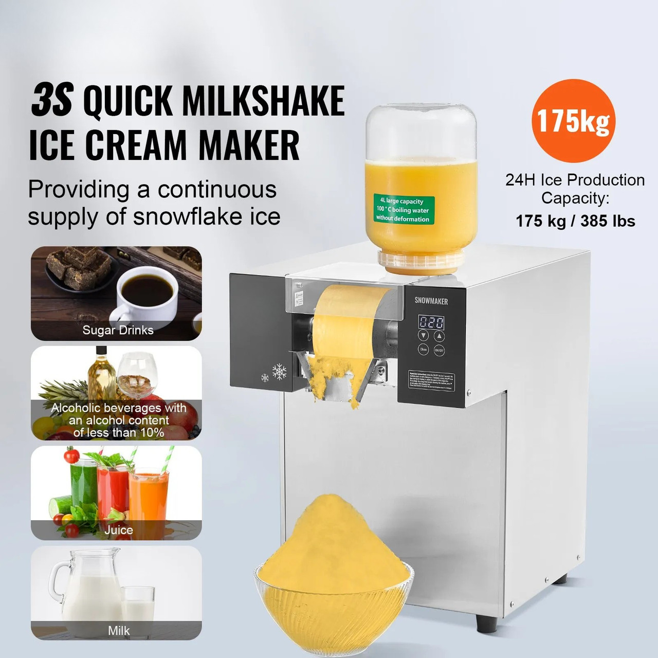 Commercial Snowflake Ice Machine – 385 lbs/24h Output, Stainless Steel Ice Shaver, Electric Snow Cone Maker with Liquid Cooling System, Touch Control Panel