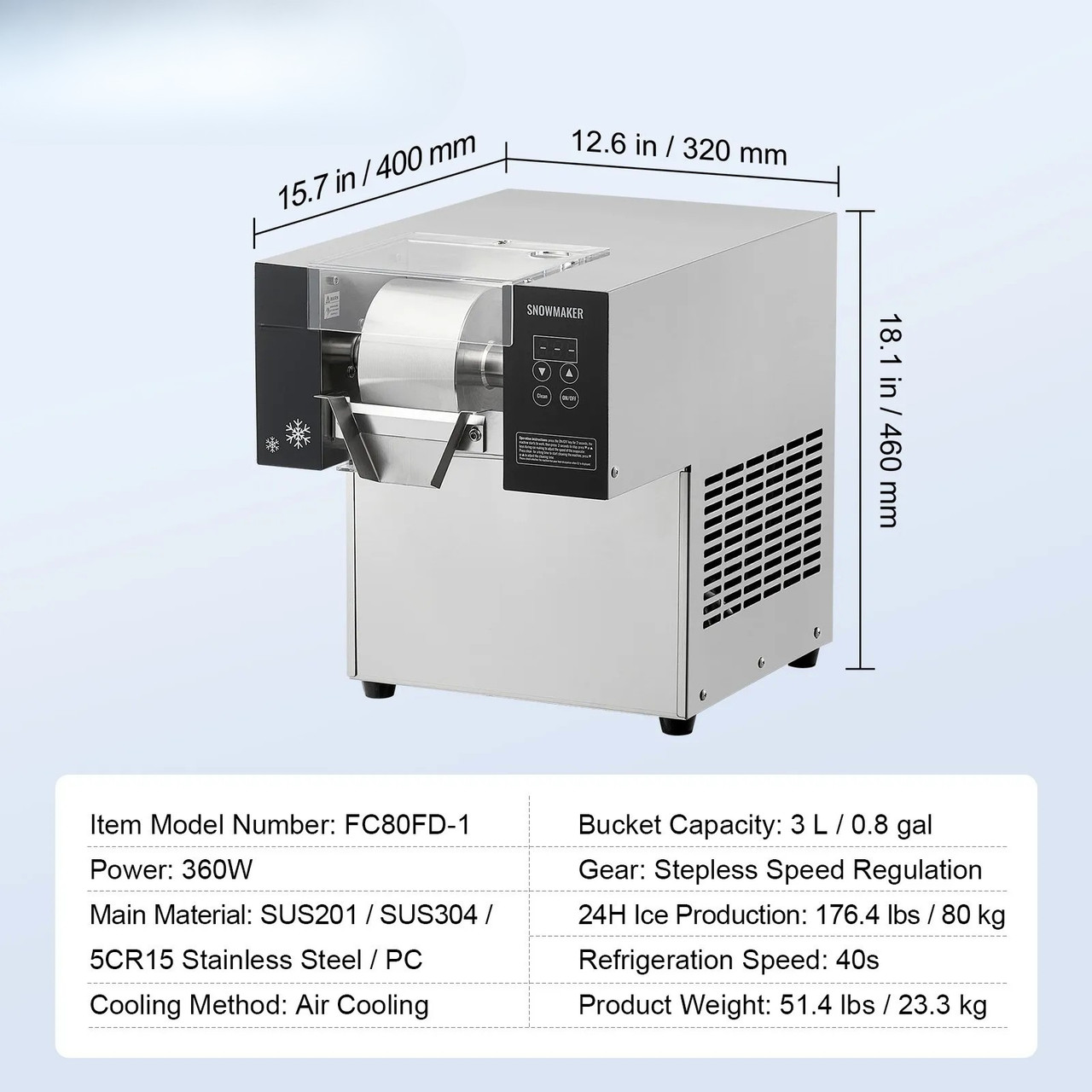 Commercial Snowflake Ice Machine - 176 lbs/24h Output, Stainless Steel Ice Shaver, Electric Snow Cone Maker with Air-Cooling System, Touch Control Panel
