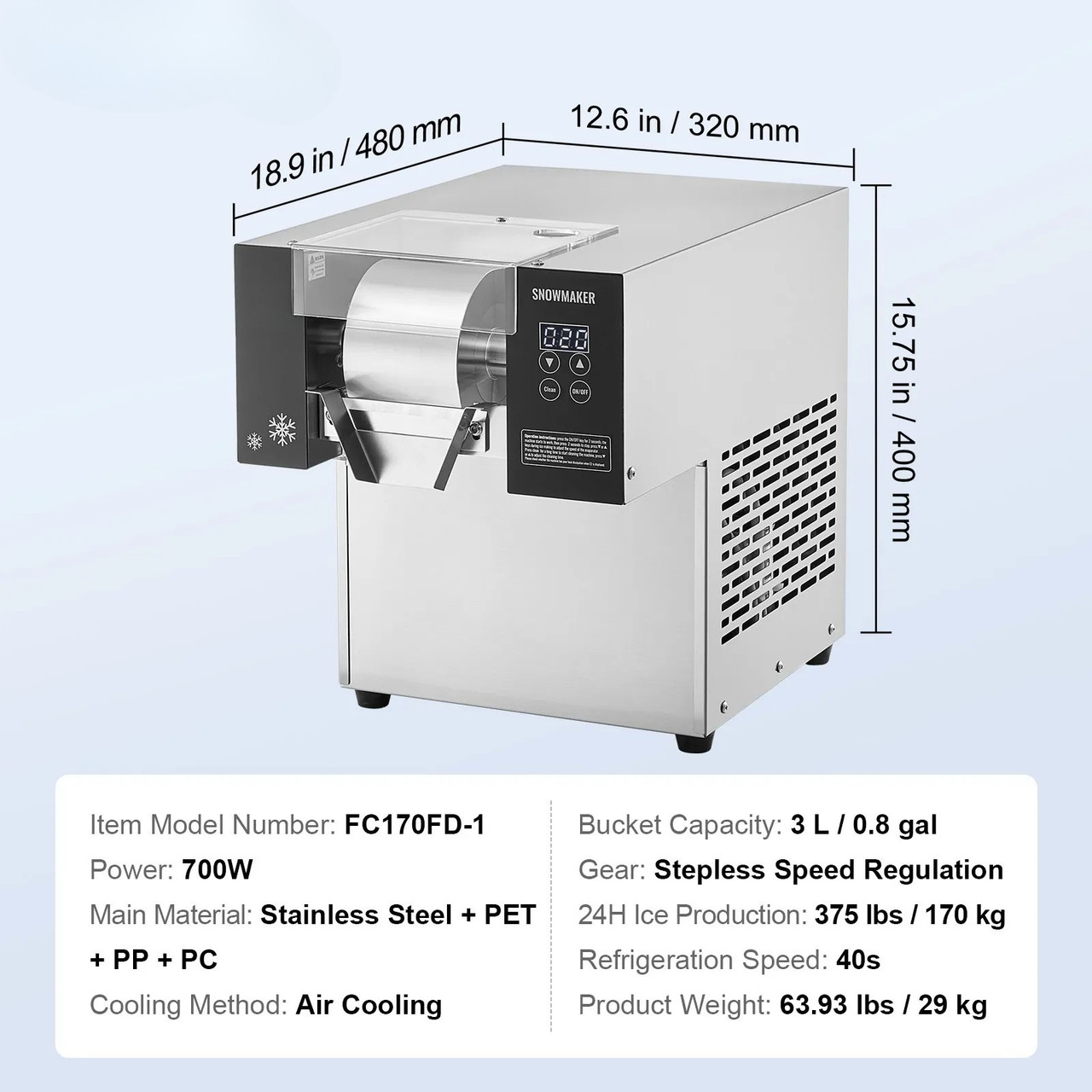 Commercial Snowflake Ice Machine - 375 lbs/24h Output, Stainless Steel Ice Shaver, Electric Snow Cone Maker with Air-Cooling System, Touch Control Panel