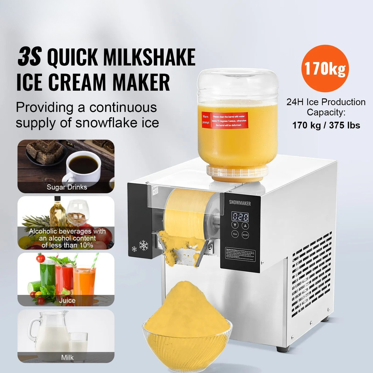 Commercial Snowflake Ice Machine – 375 lbs/24h Output, Stainless Steel Ice Shaver, Electric Snow Cone Maker with Air‑Cooling System, Touch Control Panel