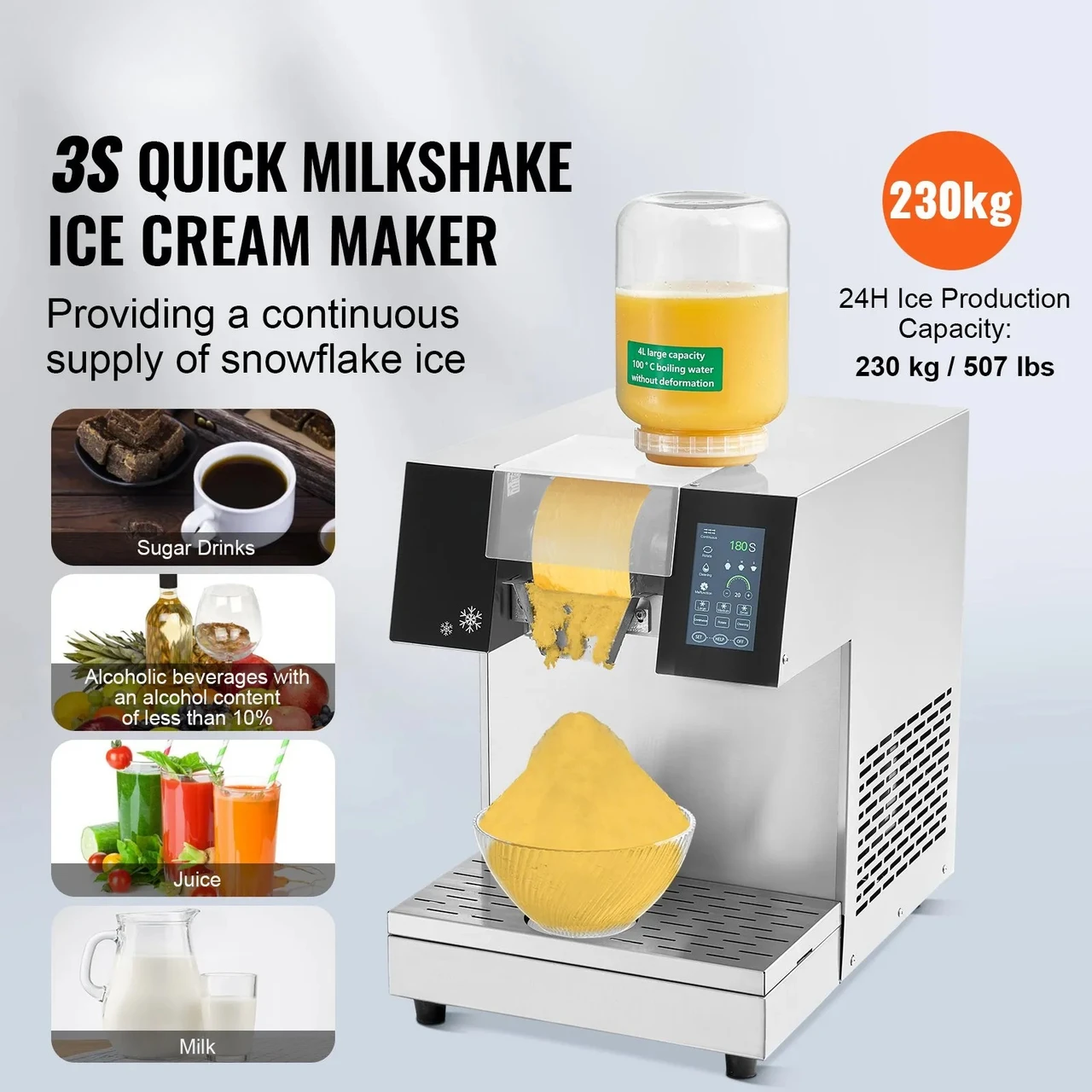 Commercial Snowflake Ice Machine - 507 lbs/24h Output, Stainless Steel Ice Shaver, Electric Snow Cone Maker with Air-Cooling System, Touch Control Panel