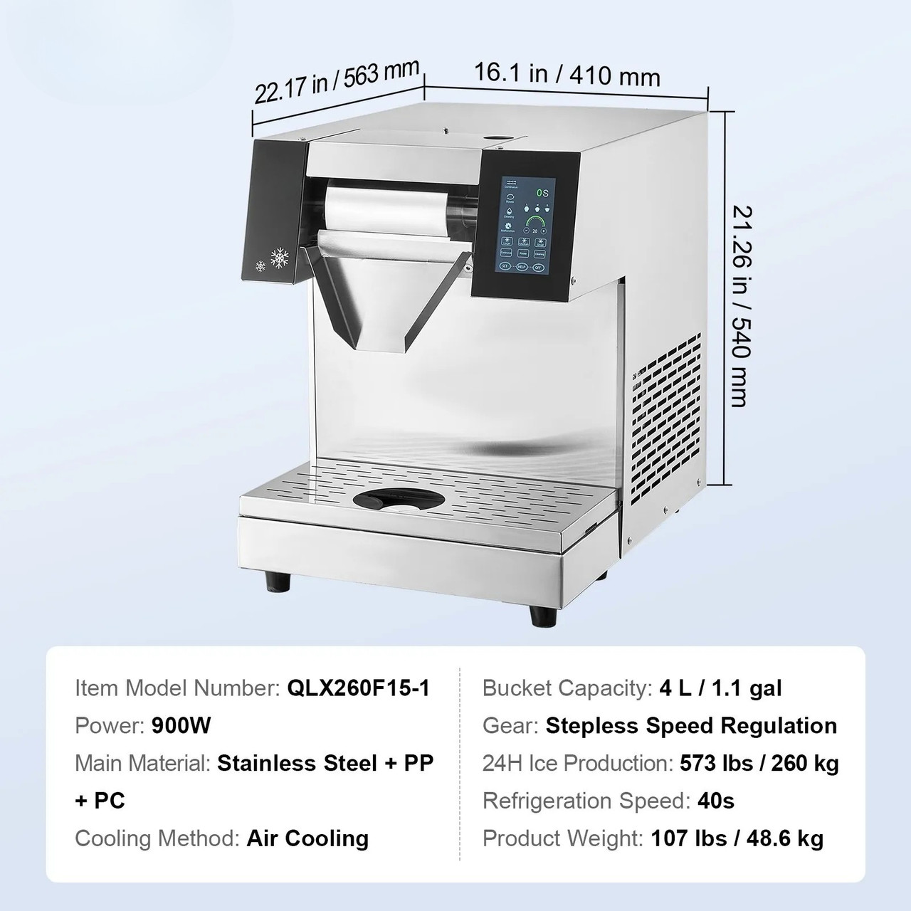 Commercial Snowflake Ice Machine – 573 lbs/24h Output, Stainless Steel Ice Shaver, Electric Snow Cone Maker with Air‑Cooling System, Touch Control Panel