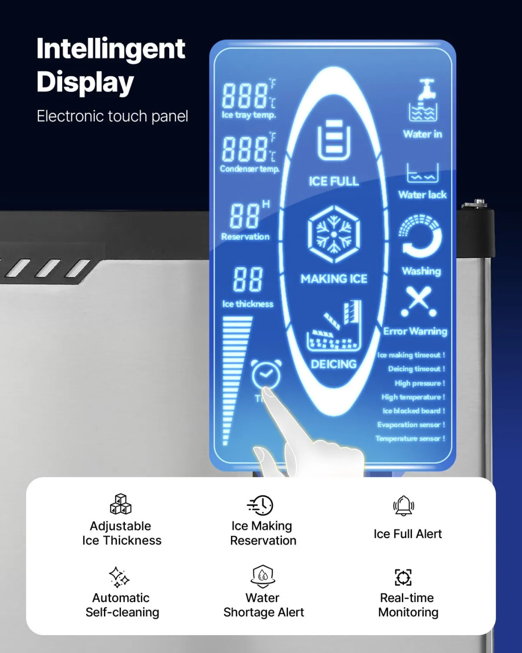 Commercial Ice Maker Machine – Head Only, 300 lbs/24h Output, Self‑Cleaning, Adjustable Thickness, Scheduled Ice‑Making, Touchscreen Control