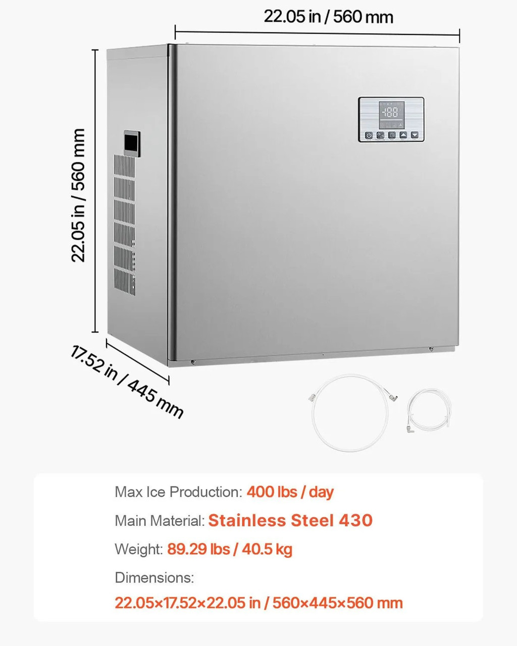 Commercial Ice Maker Machine - Head Only, 400 lbs/24h Output, Self-Cleaning, Adjustable Thickness, Scheduled Ice-Making, Touchscreen Control