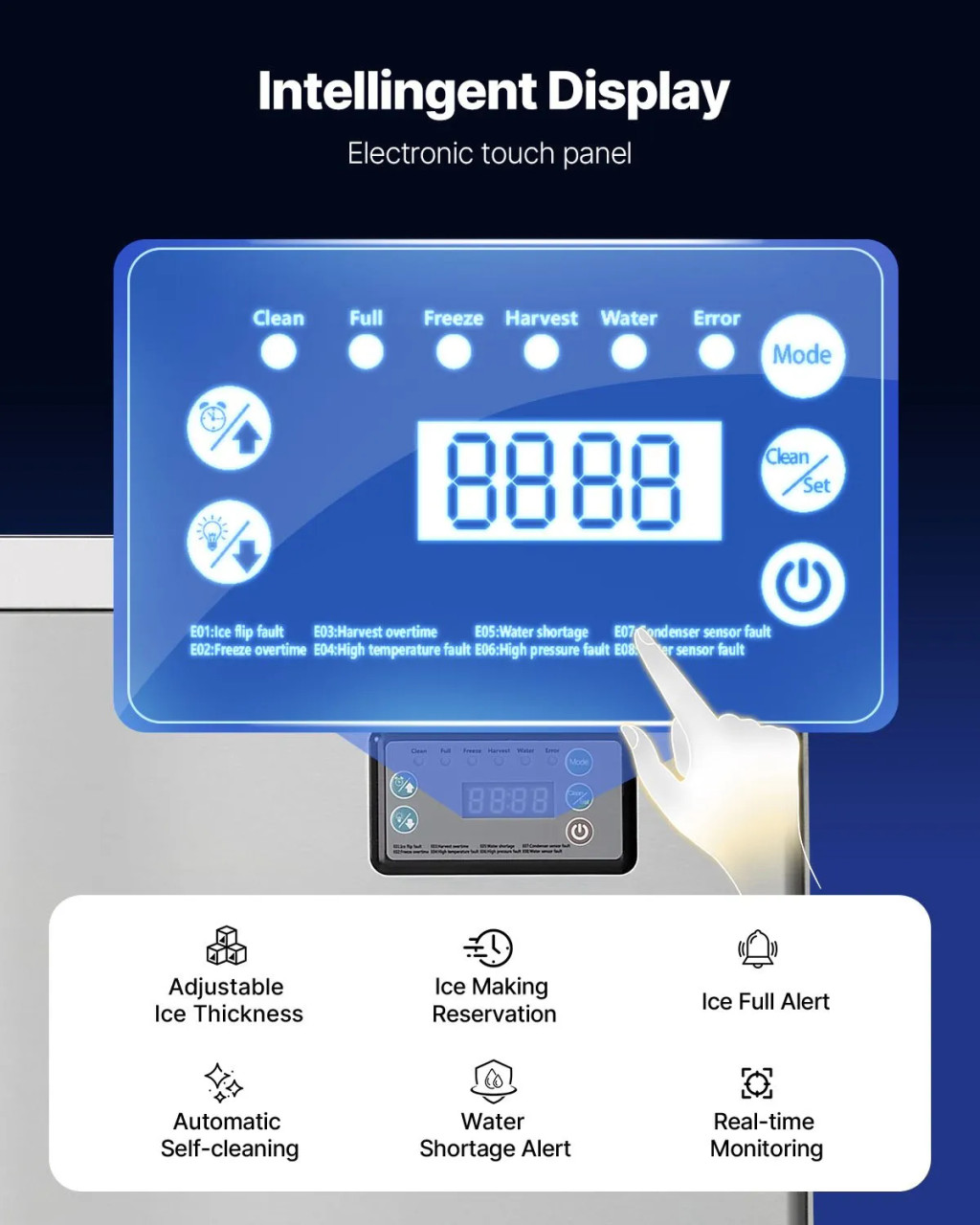 Commercial Ice Maker Machine – Head Only, 450 lbs/24h Output, Self‑Cleaning, Adjustable Thickness, Scheduled Ice‑Making, Touchscreen Control