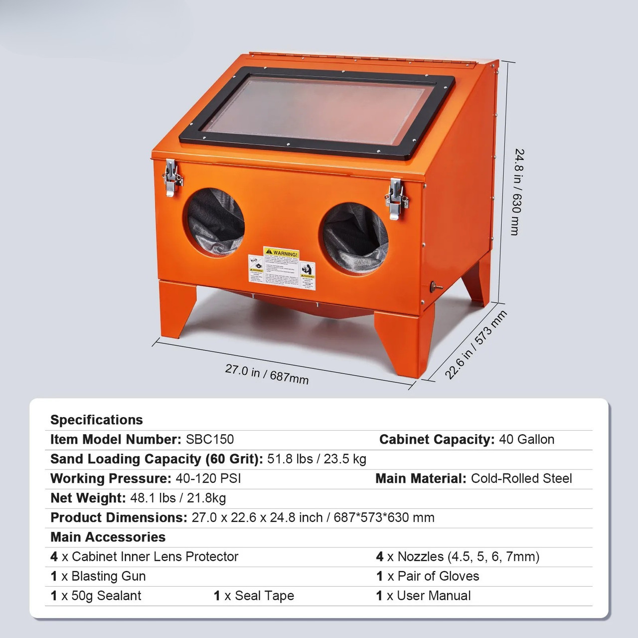 40 Gallon Portable Benchtop Sandblasting Cabinet, 40–120 PSI, Heavy‑Duty Steel, Blasting Gun & 4 Ceramic Nozzles