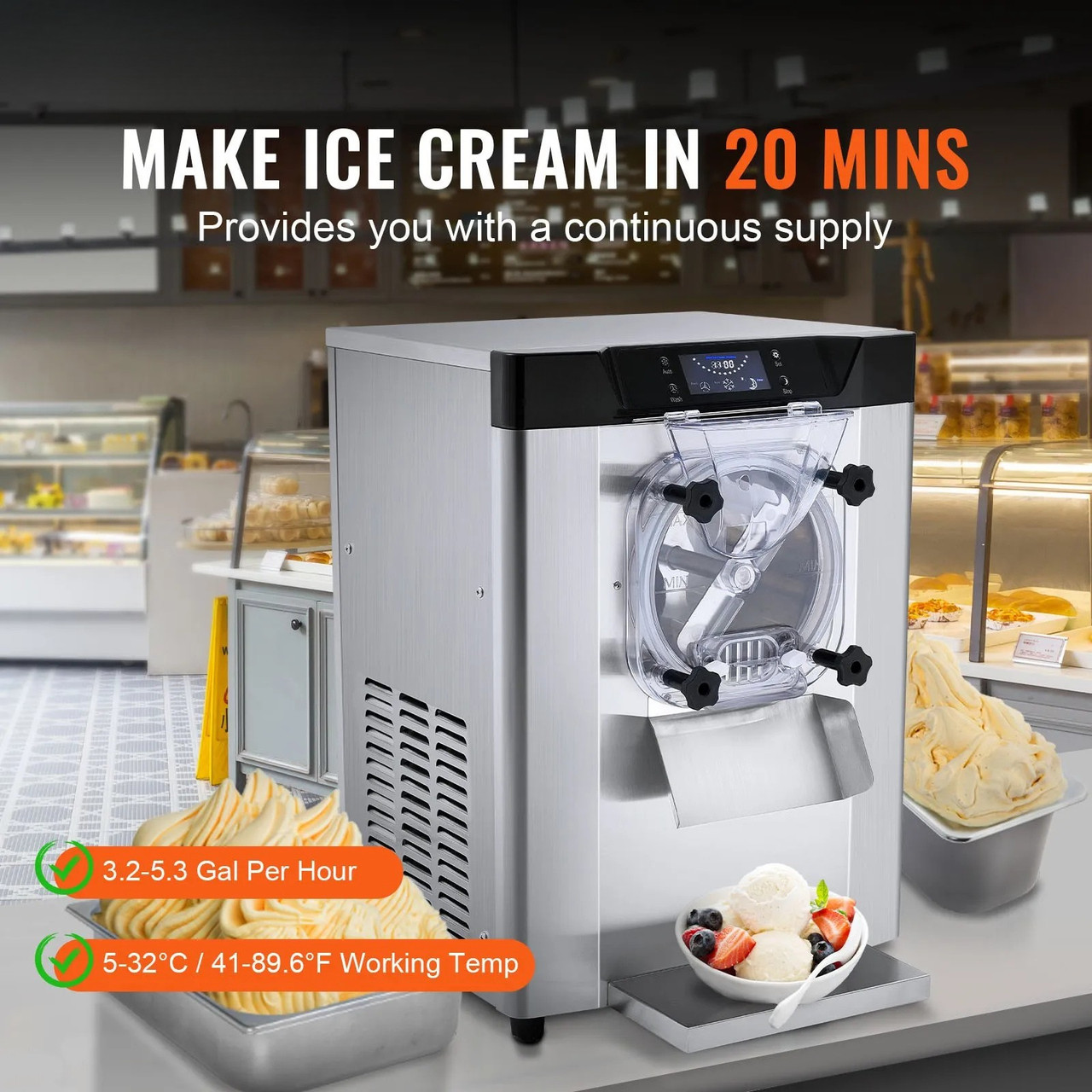 Commercial Ice Cream Machine, 12 L/H Yield, 1713W Single Flavor Countertop Hard Serve Maker, 4.5L Stainless Steel Cylinder, LED Panel with Auto Clean & Pre‑Cooling